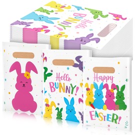 Frienda 120 Pcs Easter Treat Bags Plastic Bunny Gift Bags Bulk Happy Easter Day Goodie Bags with Handle Colorful Bunny Egg Candy Snack Bags for Holiday Party Favor Supplies