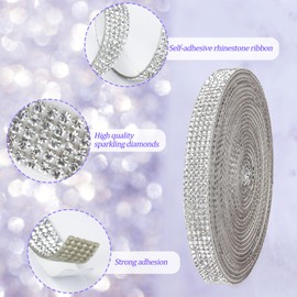 Zuihug 0.4 in Sparkling Rhinestone Ribbon for Crafts - Self Adhesive Crystal Strips, Rhinestone Stickers, Glitter Tape - Versatile Rhinestone Trim for DIY Projects and Decorations (Silver, 4 Yards)