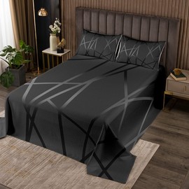 jejeloiu Geometry Bedspread Queen Size Kids Geometric Strip Lines Quilted Coverlet for Boys Modern Coverlet Set Breathable Black Quilted Room Decor