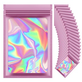 100 Pieces Resealable Mylar Bags, Small Holographic Packaging Bags, Smell Proof Mylar Bags for Food Storage/Jewelry/Eyelash for Small Business (Pink, 4.7x7.8 Inch)