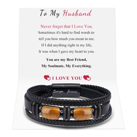To My Husband Gifts Black Briaded Leather Bracelets for Husband from Wife Love You Forever Bracelets with Tiger Eye Stone Inspirational Bracelet Birthday Christmas 9 Inch