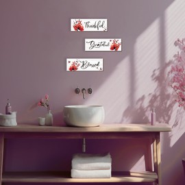 ONIZHITY Set of 3 Red Bathroom Decor Red Wall Decor Rustic Elegance Red Decor with Inspirational Words Thankful Grateful Blessed Red Flower Farmhouse Wooden Sign for Women Kitchen Bedroom(Red 12x4")