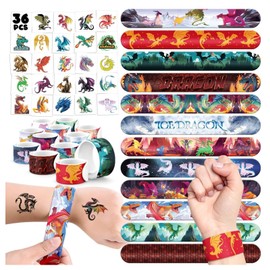 60 PCS Dragon Party Favors Set - 36 Temporary Tattoos Sticker & 24 Slap Bracelets for Kids, Perfect for Birthday Parties, Classroom Rewards and Gifts