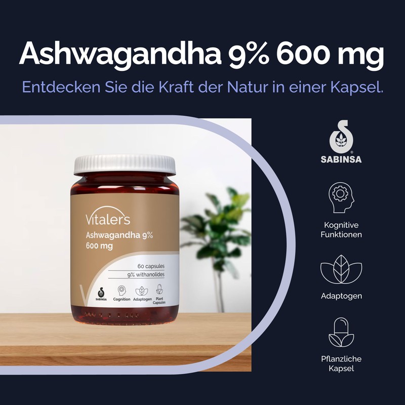 Vitaler's Ashwagandha 9% Extract 600 mg - 60 Capsules, Vegan,