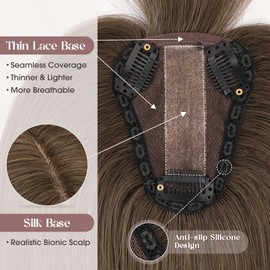 MY-LADY Human Hair Toppers for Women Real Human Hair with Bangs Thin 8 * 10CM Lace Silk Base Clip in Remy Hairpieces Hand-Tied Light Weight 12 Inch Chocolate Brown