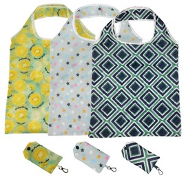 FAVORTALK Folding Shopping Bags -Fold Up Bag 3 Pcs Large Reusable Lemon Pattern Shopper Bags for Women Grocery Washable Durable Compact Shop Bags D8316