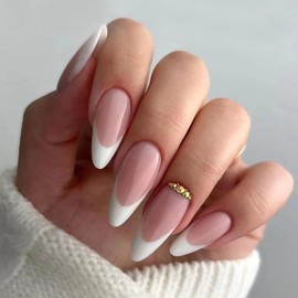 ANDGING French Tip Press on Nails Almond Short Medium Fake Nails with Rhinestone Design Stiletto Gel Glue on Nails for Women Girls Acrylic False Nails with Glue Stick on Nails for Wedding Birthday