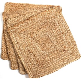 Jute Braided Placemats: 13x13-Inch (Set of 4) Reversible Farmhouse Vintage Design, 100% Jute Material, Non-Slip Square Placemats for Dining Table - Ideal for Indoor & Outdoor Use - Natural Finish