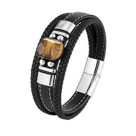 FYNSBLE Tiger Eye Leather Bracelet for Men,3 Layer Multi-Layer Braided Leather Bracelet Natural Tiger Eyes Gemstone Bracelet 361L Stainless Steel Clasp Bracelet Men Leather Bracelet for Men