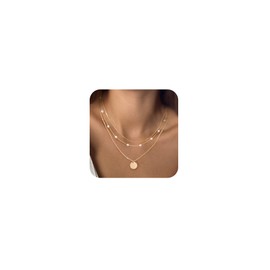 MFRYK Gold Necklaces Stack For Women,14K Gold Plated Simple Layered Choker Necklaces For Women,Stackable Multilayer Gold Disc Pendant Satellite Pearl Chain Layering Necklaces Set For Women Jewelry Gift for Women