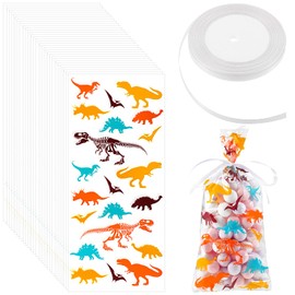 Outus 100 Pieces Dinosaur Cellophane Bags Clear Dinosaur Skeleton Bags Party Favors Bags with A Roll of Ribbon for Chocolate Candy Snacks Cookies Dinosaur Themed Party Supplies (Mixed Colors)