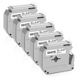 Aken 5 x Compatible M-K231 12 mm 0.47 Label Tape for Brother P-touch MK-231 M-K231S Black on White Ribbons for Brother PT-65 PT-60 PT-90 PT-55 PT-70BM PT-75 PT-85 PT-100 PT-110 PT-BB4