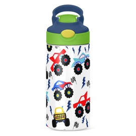 Monster Truck Kids Water Bottle with Straw and Carry Handle Racing Car Cool Vacuum Insulated Stainless Steel Bottles Leak-Proof for Boys Girls Toddler 12 oz Green Lid