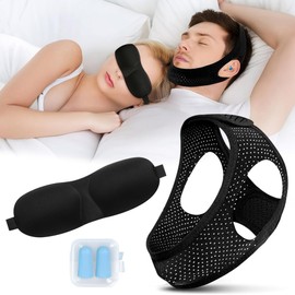 TTPSRY Anti Schnarchen Kinnriemen Schnarchstopp Kinnstrap mit Augenmaske und Ohrstöpseln Schlafhilfe zur Schnarchreduzierung Snoring Stopper für Männer und Frauen (M)