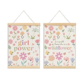 ShowDraven Boho Girl Nursery Wall Decor, Girl Power Pastel Floral Poster Framed with Wood Hanger for Girls Nursery Room Playroom Decor, 12x16 Inch Set of 2