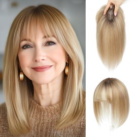 UIPEUBO Hair Toppers for Women Real Human Hair Toppers with Thinning Hairpieces for Women with Bangs 10 Inch Human Hair Topper for Cover Gray Roots (4T10/16#)