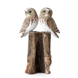 Wood Barn Owl Pair on Driftwood Base 16x25x9cm Decorative Ornament Sculpture Figures