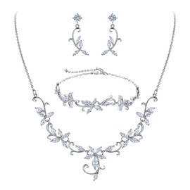 Crysdue Flower Leaf Wedding Jewelry Set for Bridal Bridemaid, Cubic Zirconia Teardrop Elegant Vine Necklace Bracelet Dangle Earrings for Prom Party Silver Tone