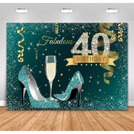 Sensfun 7x5ft Teal Gold Glitter Happy 40th Birthday Backdrop Turquoise Silver Dots High Heels Fabulous Forty Birthday Backdrop for Women Shining Diamond 40th Birthday Backdrops for Photography