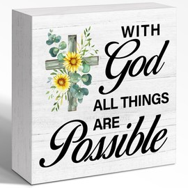 WUZYOU With God All Things are Possible Wooden Wall Hanging Decor Desk Sign, Inspirational Bible Verse Sign, Motivational Blessed Faith Christian Office Home Bedroom Wall Art Shelf Decor