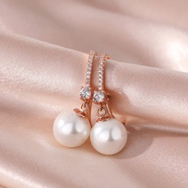 Pearl Earrings Rose Gold Pearl Drop Earrings Pearl Diamond Earrings Dangle Pearl Earrings Silver Pearl Earrings for Women Sterling Silver White Faux Pearl Earrings Rose Gold Pearl Leverback Earrings