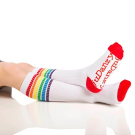 juDanzy 2 Pack of Baby, Toddler and Kids Knee High Tube Socks for Boys and Girls with Grips (2-4 Years, White with Rainbow & Rainbow Stripes)