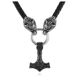 PiercingJak Men's Necklace Thor’s Hammer Viking with Fenris Wolf Braided Leather Chain Stainless Steel Mjölnir Celtic Knot Pendant Nordic Jewellery Amulet, Silver/Black, Stainless Steel, Black hammer