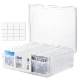 ALINK Photo Storage Box with Handle, 4" x 6" Photo Organizer Storage Container with 16 Inner Case and 1 Sheet Label for Pictures, Arts, Crafts, Sewing, Stickers, Seeds, Office Supplies - Clear