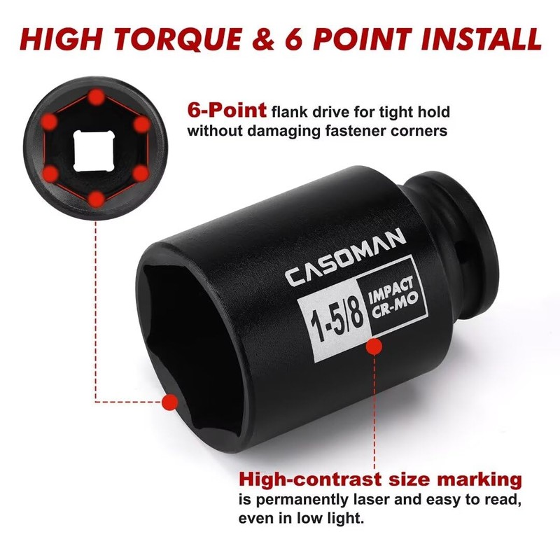 CASOMAN 11PCS 1/2-Inch Drive Large Impact Socket Set, 6 Point,