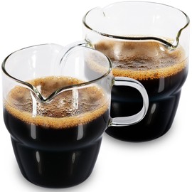 Upgraded 6OZ Espresso Cups, Espresso Shot Glass Set of 2, Heat Resistant Glass Measuring Cup with Handle, Double Spout Milk Cup, Espresso Machine Accessories for Coffee bar