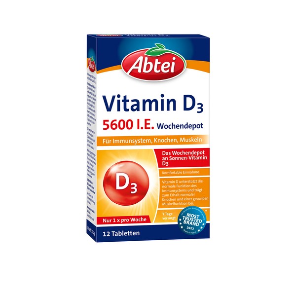 Abtei Vitamin D3 Forte Weekly Depot – High Dose to Support the Immune System, Bones and Muscle Pack of 1 (1 x 12 Tablets)