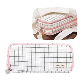 Gran estuche de lápiz Big Capacidad 3 Compartimentos Bolsa de lápiz de lona para estudiantes de escuela para niños adolescentes.（Cremallera rosa, cuadrícula negra）