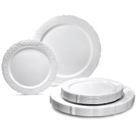 " OCCASIONS " 120 Plates Pack,(60 Guests) Vintage Wedding Party Disposable Plastic Plates Set -60x10.25'' Dinner+ 60x7.5'' Salad/Dessert Plate (Portofino in Plain White)
