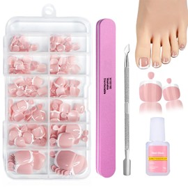 French Fake Toe Nails Set, Press on Nails for Toe, 120Pcs Cinnamon Pink Square False Toenails Short, French Tip Toe Nails with Glue, Full Cover Stick on Toenails for Women Girls Daily Nail Art