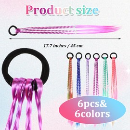 Ptwola 6 Pcs Braids Hair Extensions Colorful Wig Braid Rubber Bands Braided Rainbow Hair Rope Styling Ponytail Holders Hairpieces Cosplay Accessories for Dress Up Party Women Girls