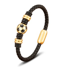 Soccer Bracelet for Boys - Stainless Steel Sports Charm Bracelet with Leather Cord - Durable Soccer Gifts for Kids, Teens, Players, Fans (8-9 in)(gold)