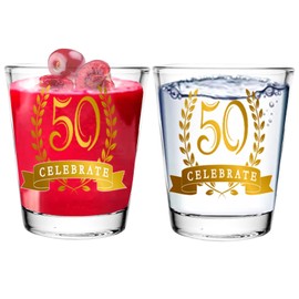 BISYATA 50th Birthday Gift or Birthday Decoration for Women Men - 50 Celebrate - 50th Shot Glass Set of 2-50th Gold Anniversary Decoration or Gift - 2oz - With Gift Box
