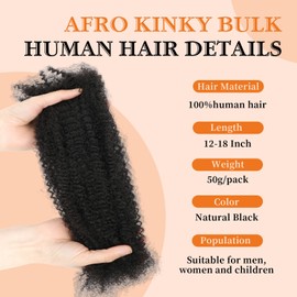 Yacurcur Afro Kinkys Bulk Human Hair 50g/Pack Braiding Hair for Dreadlocks Extensions,Loc Repair,Twist Braiding No Short Hair 4C Afro Kinky Human Hair Natural Black (14 Inch)