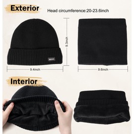 Wmcaps Winter Fleece Lined Hat and Neck Warmer Set for Men Women, Thick Soft Cosy Knitted Hats Scarf Set, Elastic Cuffed Plain Winter Hat Outdoor Activities Gift, black