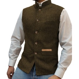 Yiaisafa Hunting Men's Stand-Up Collar Mock Tweed Vests Retro Herringbone Vest Vintage Wedding Gilet Wool Groom, brown