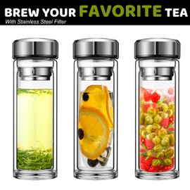Pauzema Tea Tumbler with Infuser, 12oz Double Wall Borosilicate Glass Tea Bottle, 350ml Leak-Proof with Stainless Steel Filter