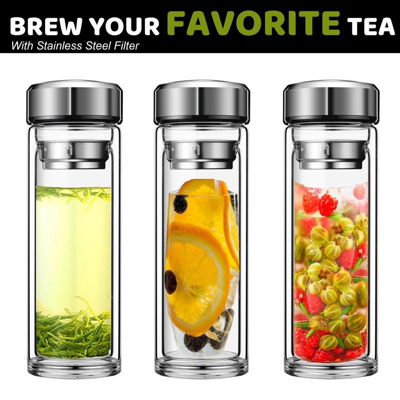 Pauzema Tea Tumbler with Infuser, 12oz Double Wall Borosilicate Glass