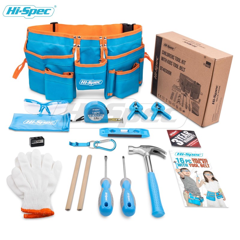 Hi-Spec 16-Piece Children’s Tool Kit with Child-Size Tool Belt, Genuine