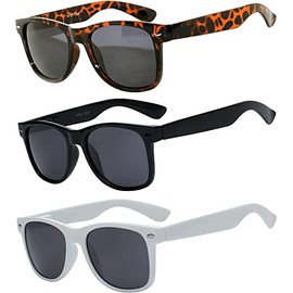 OWL 3 Pack UV Protected Retro Vintage Sunglasses for Women & Men - Smoke Lens, Colored Plastic Frames in Leopard, Black & White - Trendy Cool Styles
