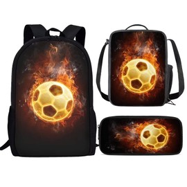 Amzbeauty Fire Football Backpack Set for Boys Girls Kids Elementary Middle School 3Pcs Backpack and Lunch Bag Set