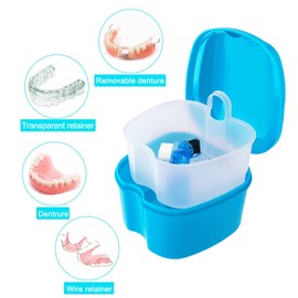 Keedolla Estuche de retención de ortodoncia para dentadura, caja de baño para dentadura, protector bucal dental, limpieza con cepillo, cesta de colador y tapa impermeable, color azul