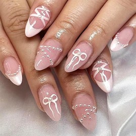 24pcs French Tip Press on Nails Medium Almond Fake Nails with Pearl Designs Cute Bow Glue on Nails Reusable Pink False Nails Full Cover Glossy Acrylic Nails for Women Girl Nail Decoration Set