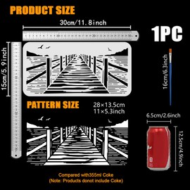 FINGERINSPIRE Ocean Marina Stencil with Brush 5.9x11.8inch Rectangle Bridge Dock Template Reusable Mountains Birds Stencil Plastic Architecture Theme Template for Home Wall Furniture Decoration