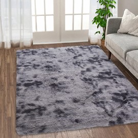IMINROME Fluffy Area Rugs for Bedroom Furry 8x10 Rug for Living Room, Fuzzy Shag Fur Rug for Nursery Room Tie-Dyed Non-Skid Plush Throw Rug Shaggy Accent Rug for Indoor Home Floor Carpet, Dark Grey