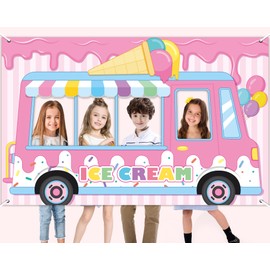 Ice Cream Truck Backdrop Party Decoration Pink Ice Cream Photo Prop Background Party Supplies Sweet Dessert Photography Banner for Girl Baby Shower Birthday Party Favor Dessert Cart Booth Props